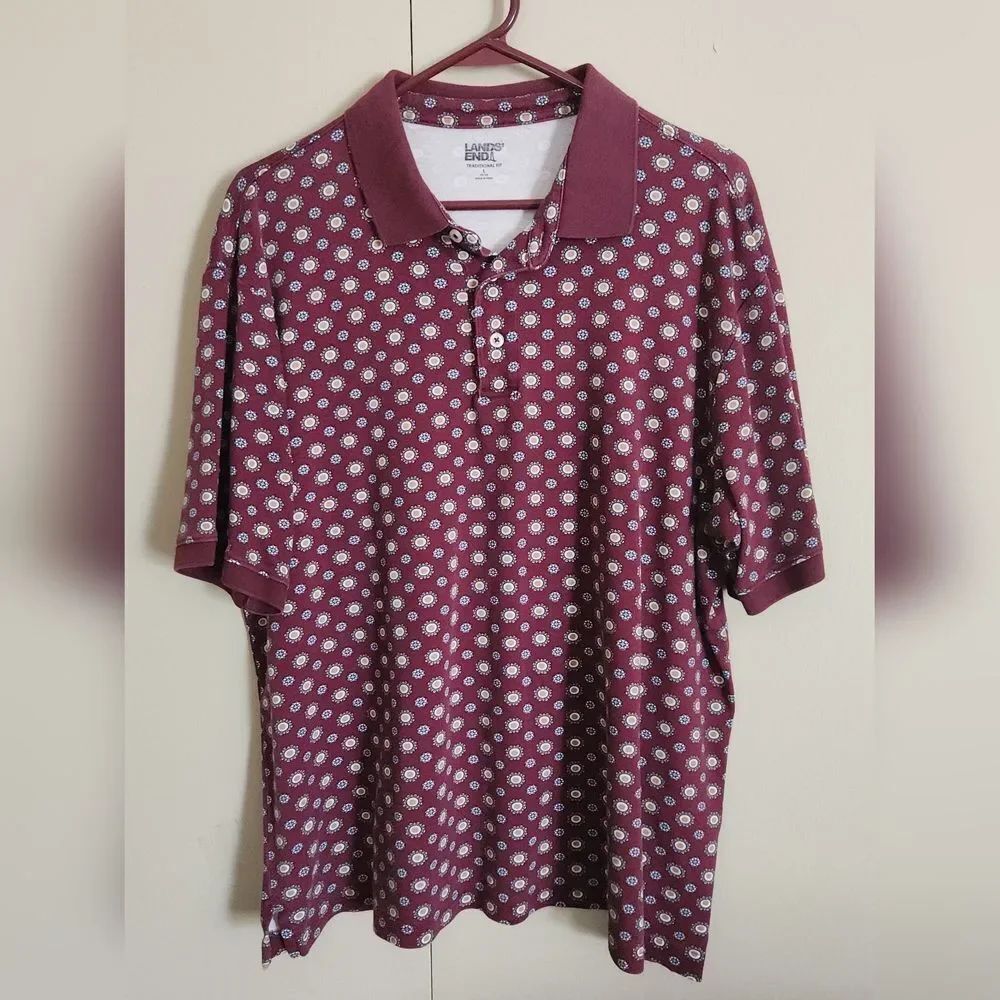 M41 Lands' End Men's Maroon Polo w Muti Color Dot Print